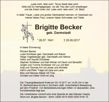 Traueranzeige von Brigitte Becker von Trauerportal Rhein Main Presse