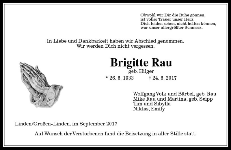  Traueranzeige für Brigitte Rau vom 12.09.2017 aus  Gießener Anzeiger