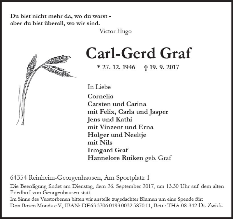  Traueranzeige für Carl-Gerd Graf vom 23.09.2017 aus Trauerportal Echo Online