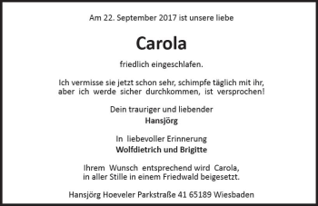 Traueranzeige von Carola Hoeveler von Trauerportal Rhein Main Presse