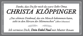 Traueranzeige von Christa Klöppinger von Trauerportal Echo Online
