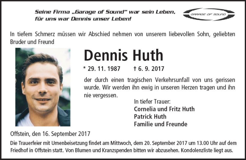  Traueranzeige für Dennis Huth vom 16.09.2017 aus Trauerportal Rhein Main Presse