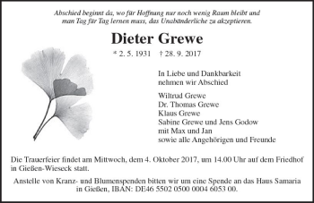 Traueranzeige von Dieter Grewe von  Gießener Anzeiger