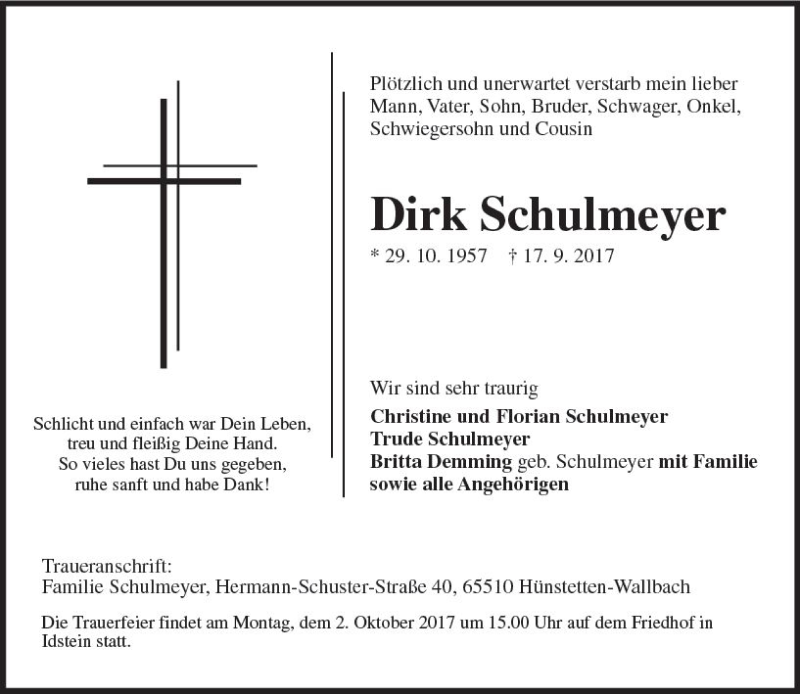  Traueranzeige für Dirk Schulmeyer vom 30.09.2017 aus Trauerportal Rhein Main Presse