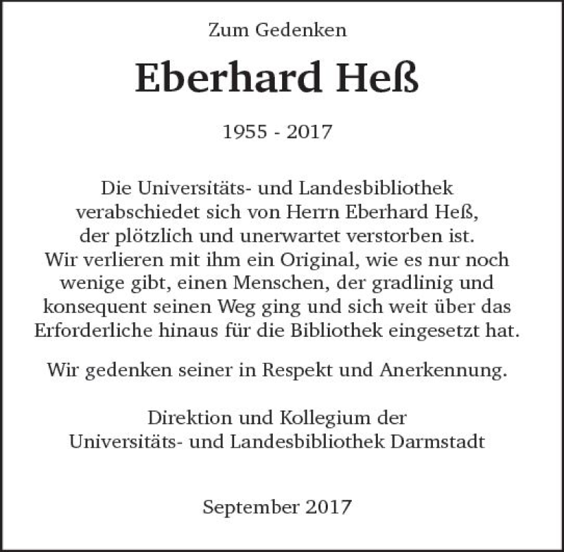  Traueranzeige für Eberhard Heß vom 29.09.2017 aus Trauerportal Echo Online