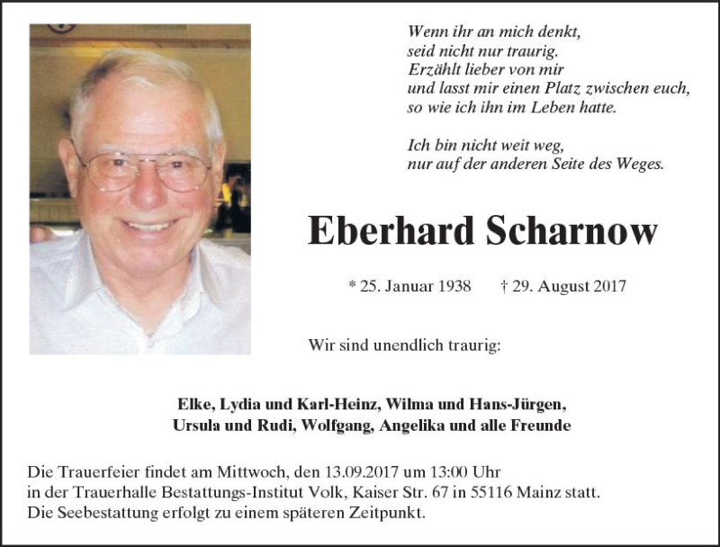  Traueranzeige für Eberhard Scharnow vom 09.09.2017 aus Trauerportal Rhein Main Presse