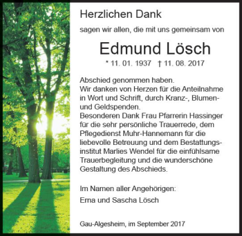 Traueranzeige von Edmund Lösch von Trauerportal Rhein Main Presse