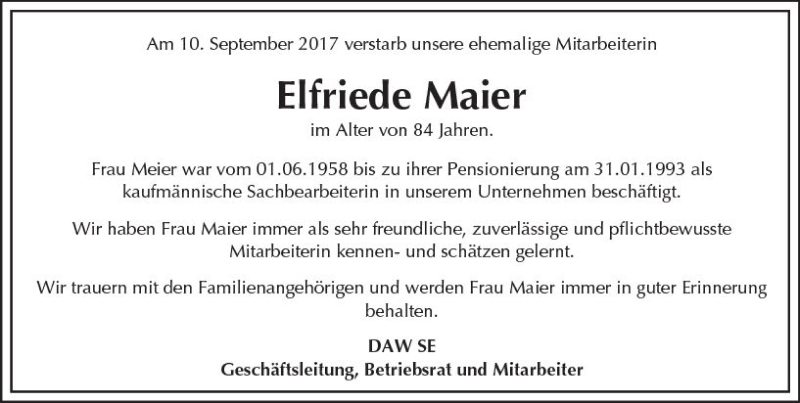  Traueranzeige für Elfriede Maier vom 14.09.2017 aus Trauerportal Echo Online