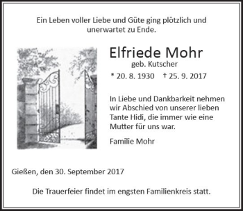 Traueranzeige von Elfriede Mohr von  Gießener Anzeiger