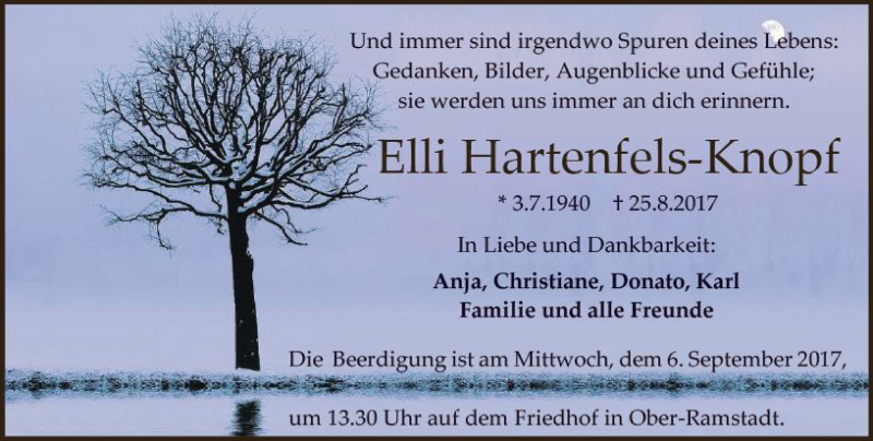  Traueranzeige für Elli Hartenfels-Knopf vom 02.09.2017 aus Trauerportal Echo Online