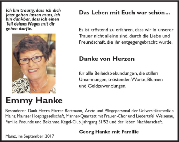 Traueranzeige von Emmy Hanke von Trauerportal Rhein Main Presse