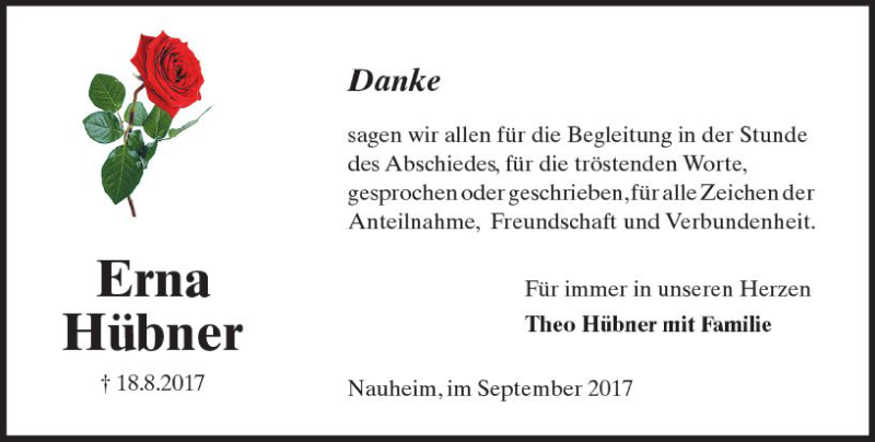  Traueranzeige für Erna Hübner vom 09.09.2017 aus Trauerportal Rhein Main Presse