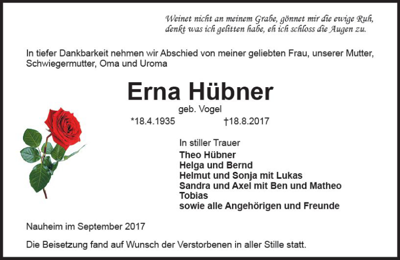  Traueranzeige für Erna Hübner vom 02.09.2017 aus Trauerportal Echo Online