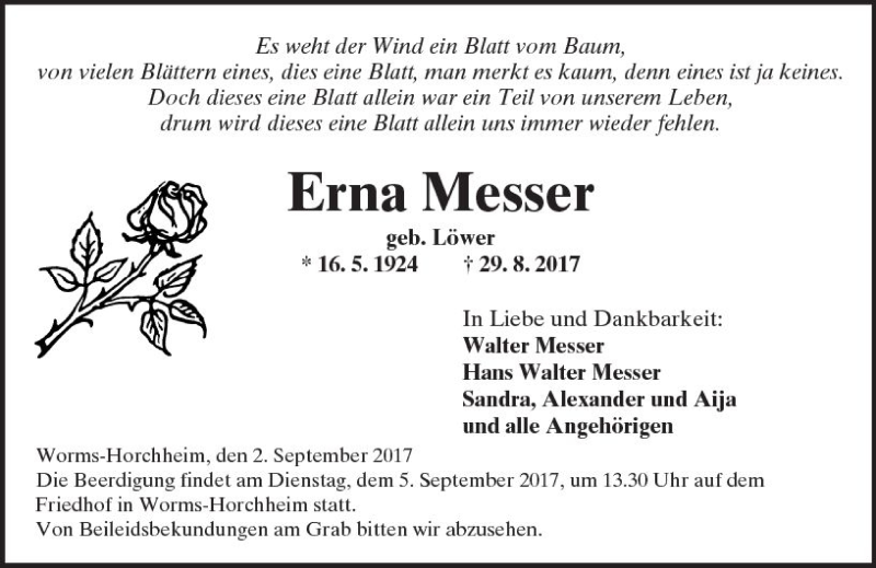  Traueranzeige für Erna Messer vom 02.09.2017 aus Trauerportal Rhein Main Presse