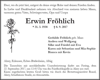 Traueranzeige von Erwin Fröhlich von Trauerportal Rhein Main Presse