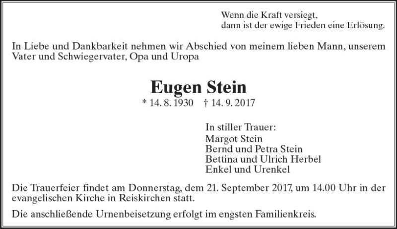  Traueranzeige für Eugen Stein vom 19.09.2017 aus  Gießener Anzeiger
