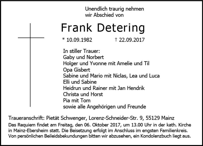  Traueranzeige für Frank Detering vom 30.09.2017 aus Trauerportal Rhein Main Presse