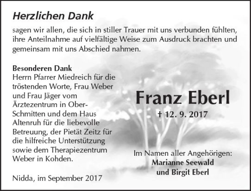  Traueranzeige für Franz Eberl vom 30.09.2017 aus  Kreisanzeiger