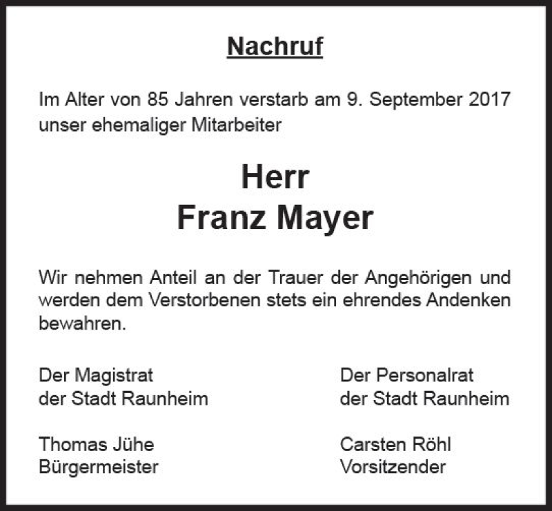  Traueranzeige für Franz Mayer vom 29.09.2017 aus Trauerportal Rhein Main Presse