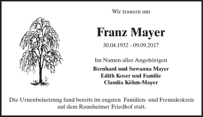  Traueranzeige für Franz Mayer vom 23.09.2017 aus Trauerportal Rhein Main Presse