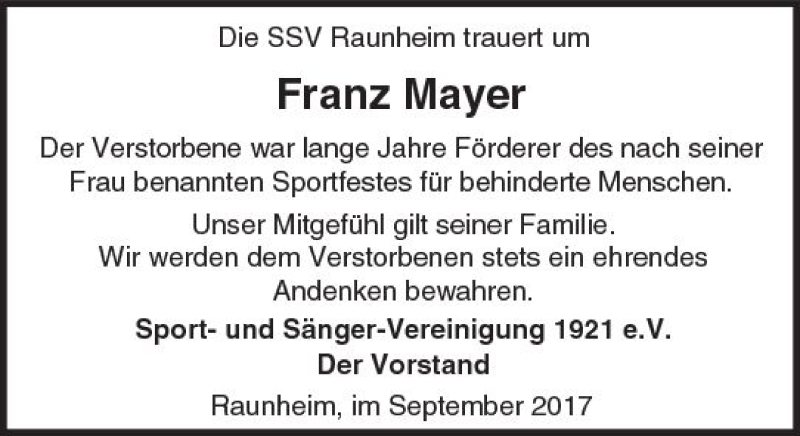  Traueranzeige für Franz Mayer vom 26.09.2017 aus Trauerportal Rhein Main Presse