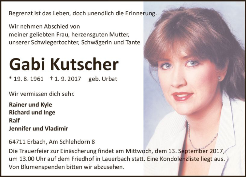  Traueranzeige für Gabi Kutscher vom 09.09.2017 aus Trauerportal Echo Online