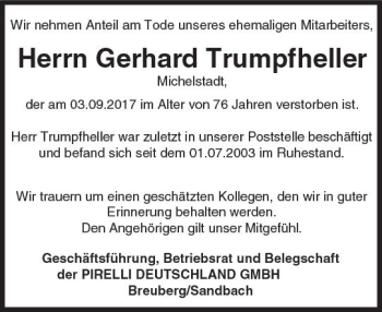 Traueranzeige von Gerhard Trumpfheller von Trauerportal Echo Online