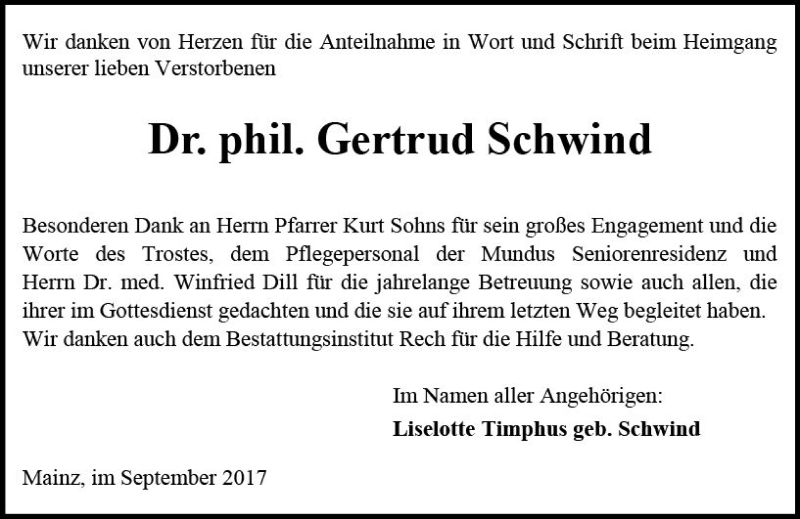  Traueranzeige für Gertrud Schwind vom 09.09.2017 aus Trauerportal Rhein Main Presse