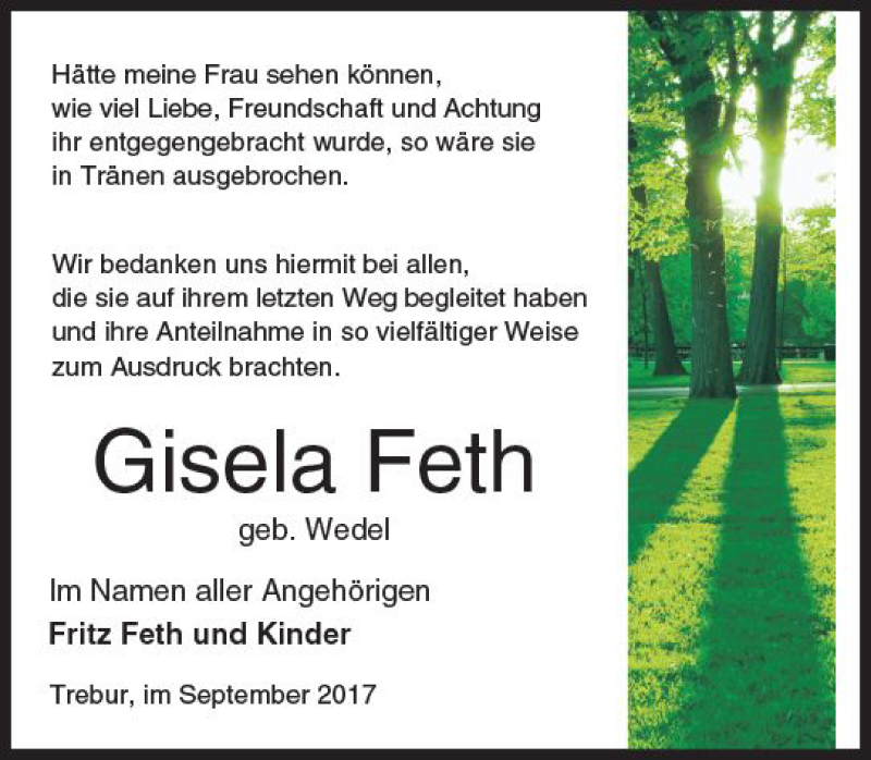  Traueranzeige für Gisela Feth vom 02.09.2017 aus Trauerportal Rhein Main Presse