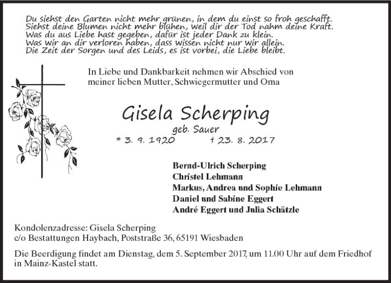  Traueranzeige für Gisela Scherping vom 02.09.2017 aus Trauerportal Rhein Main Presse