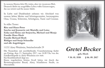 Traueranzeige von Gretel Becker von Trauerportal Rhein Main Presse