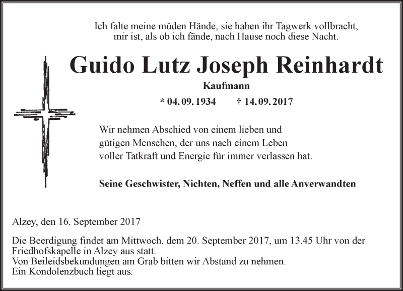  Traueranzeige für Guido Lutz Joseph Reinhardt vom 16.09.2017 aus Trauerportal Rhein Main Presse