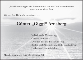Traueranzeige von Günter  Arnsberg von Trauerportal Rhein Main Presse