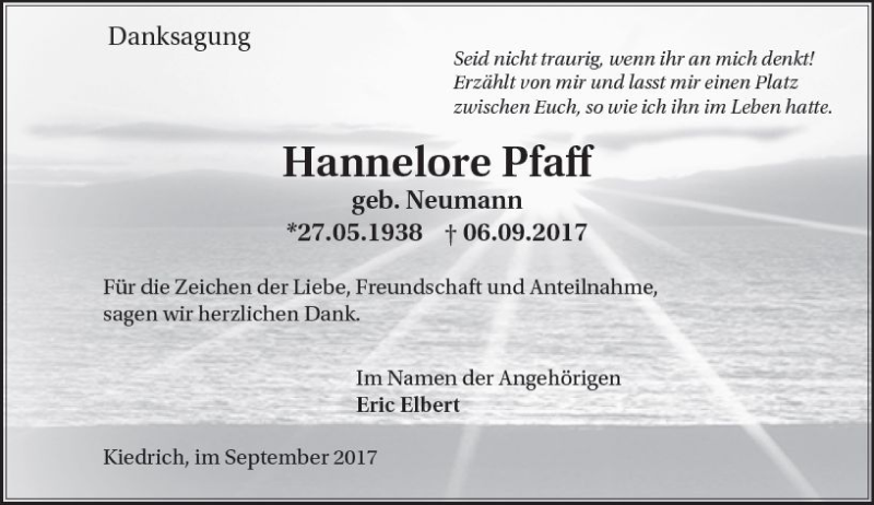  Traueranzeige für Hannelore Pfaff vom 30.09.2017 aus Trauerportal Rhein Main Presse