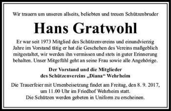 Traueranzeige von Hans Gratwohl von  Usinger Anzeiger