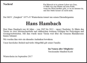 Traueranzeige von Hans Hambach von Trauerportal Rhein Main Presse