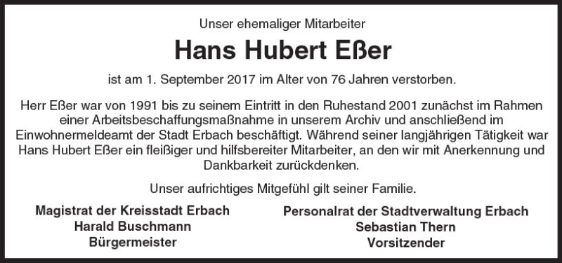  Traueranzeige für Hans Hubert Eßer vom 12.09.2017 aus Trauerportal Echo Online