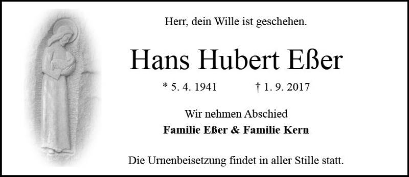  Traueranzeige für Hans Hubert Eßer vom 09.09.2017 aus Trauerportal Echo Online