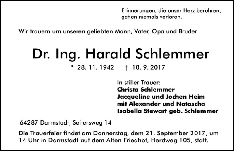  Traueranzeige für Harald Schlemmer vom 16.09.2017 aus Trauerportal Echo Online