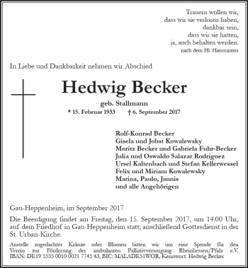 Traueranzeige von Hedwig Becker von Trauerportal Rhein Main Presse