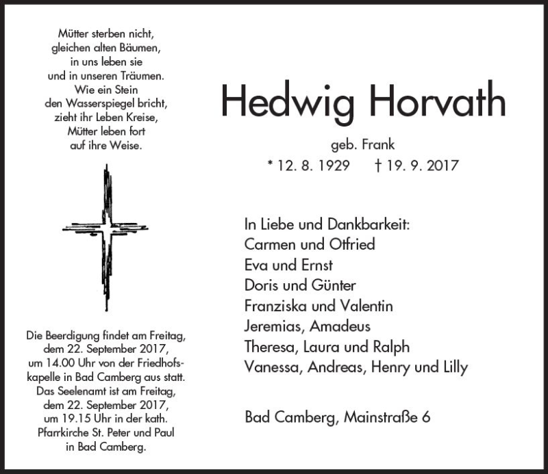  Traueranzeige für Hedwig Horvath vom 21.09.2017 aus  Camberger Anzeiger