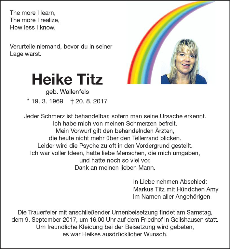  Traueranzeige für Heike Titz vom 06.09.2017 aus  Gießener Anzeiger
