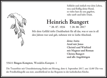 Traueranzeige von Heinrich Bungert von Trauerportal Rhein Main Presse