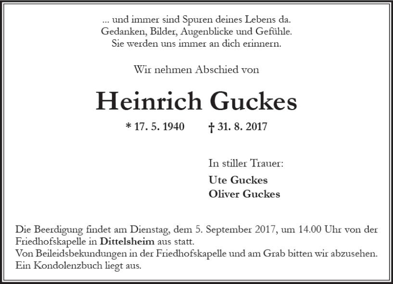  Traueranzeige für Heinrich Guckes vom 02.09.2017 aus Trauerportal Rhein Main Presse