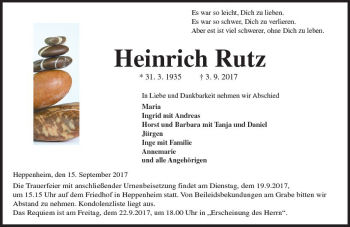 Traueranzeige von Heinrich Rutz von Trauerportal Echo Online