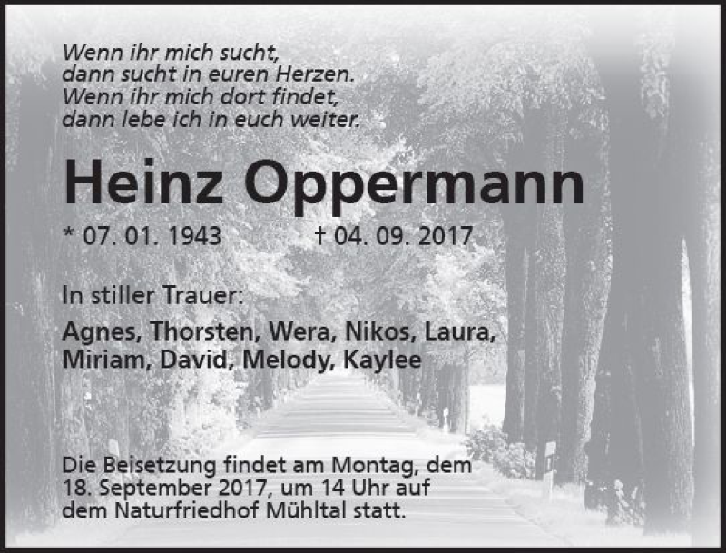  Traueranzeige für Heinz Oppermann vom 09.09.2017 aus Trauerportal Echo Online