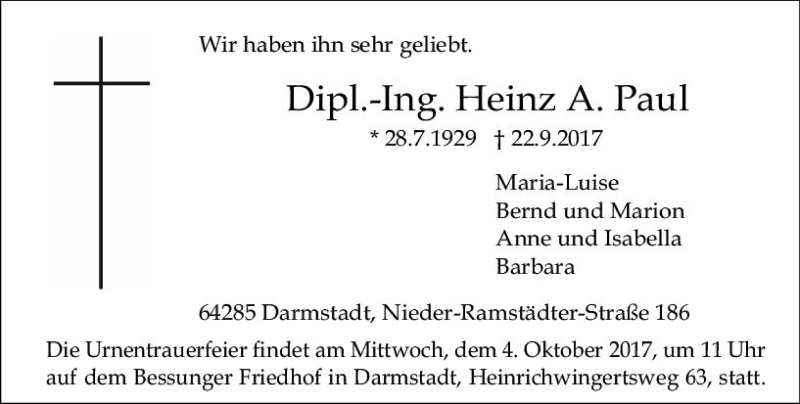  Traueranzeige für Heinz  Paul vom 30.09.2017 aus Trauerportal Echo Online