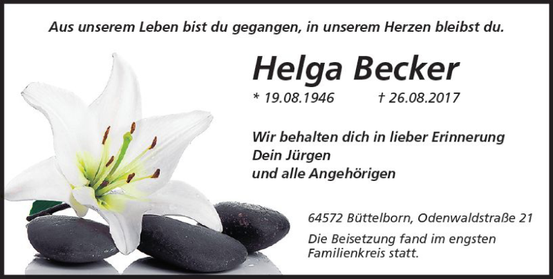  Traueranzeige für Helga Becker vom 16.09.2017 aus Trauerportal Echo Online