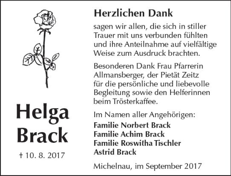  Traueranzeige für Helga Brack vom 16.09.2017 aus  Kreisanzeiger