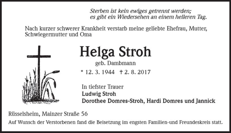  Traueranzeige für Helga Stroh vom 02.09.2017 aus Trauerportal Rhein Main Presse